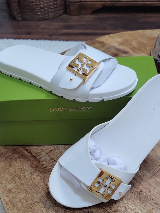 Tory Burch Shoes - Tory Burch White Slide Sandals with Gold Logo Accent